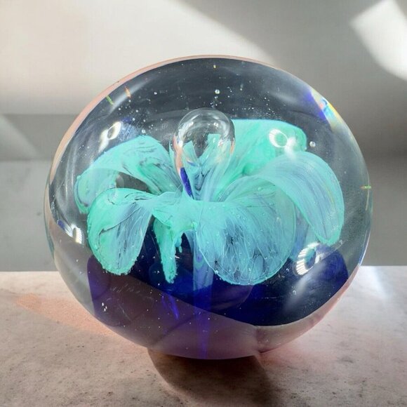 Vintage Round Paperweight Art Glass Blue Flower Figurine With Air Bubble Glass - Picture 2 of 16